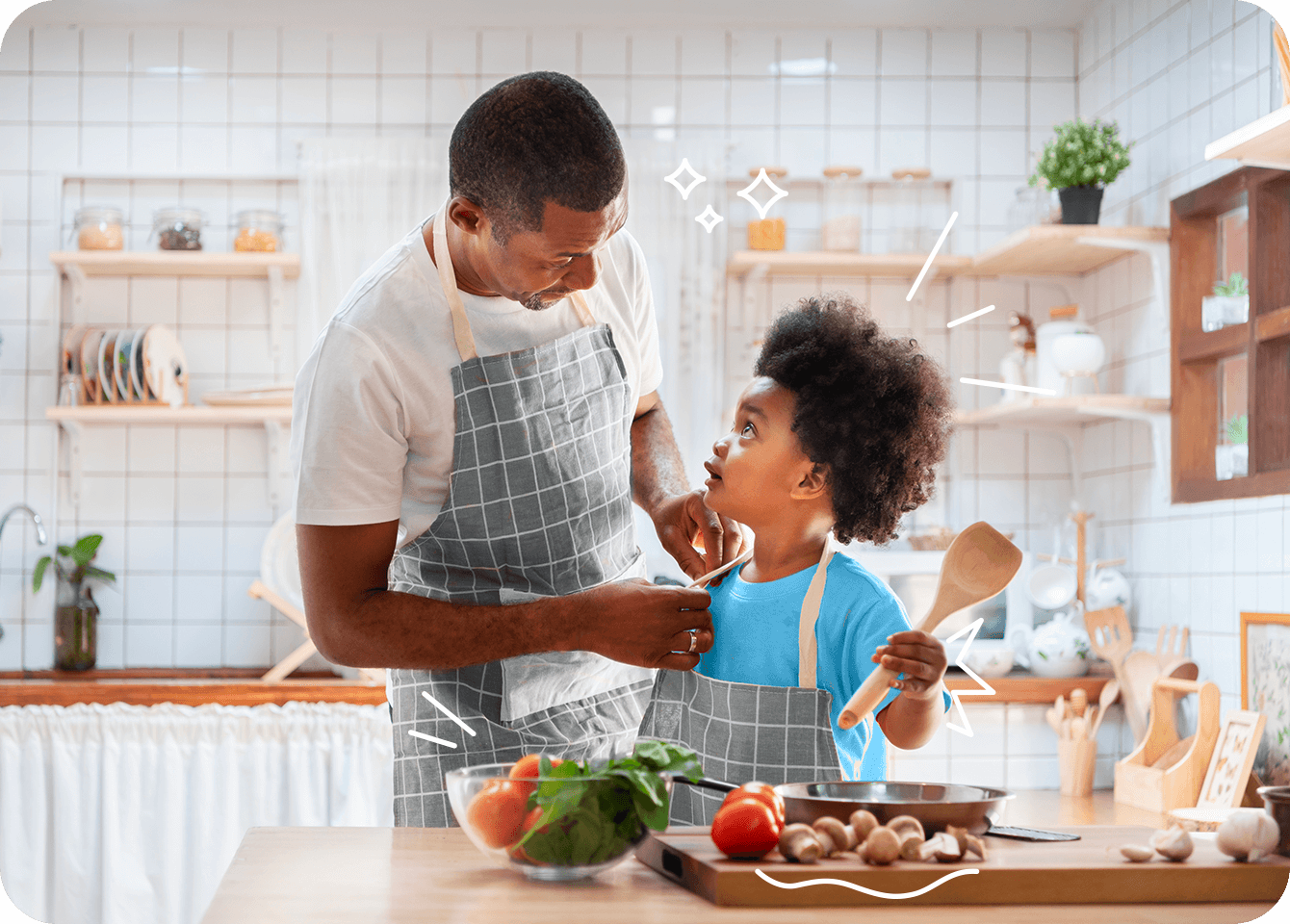 A father and daughter collaborate on cooking a meal