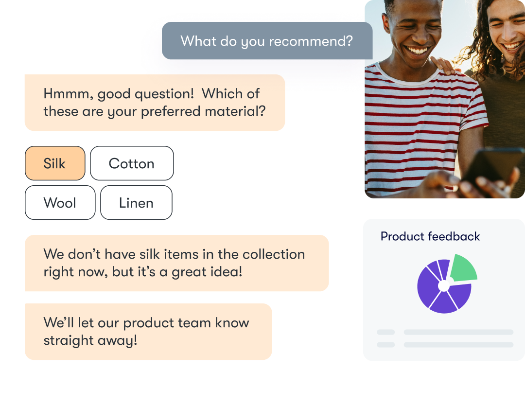 An image showing a chat between a chatbot and customer. The customer is asking for product recommendations, and the chatbot is taking their feedback.