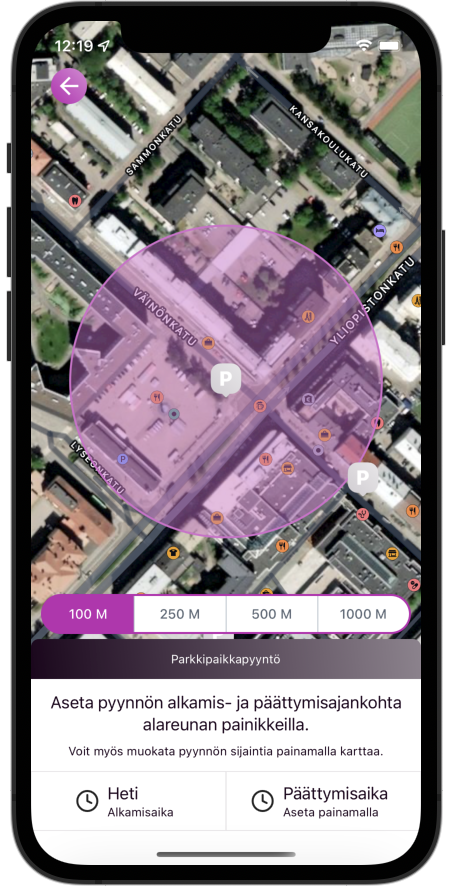 Image of Shareway-application and request parking spot functionality.