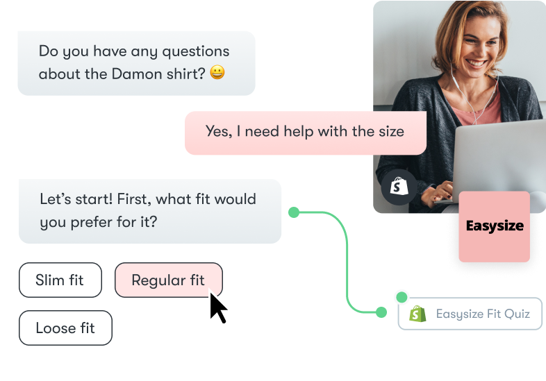 An image of a chat with a bot offering the user to take a sizing quiz