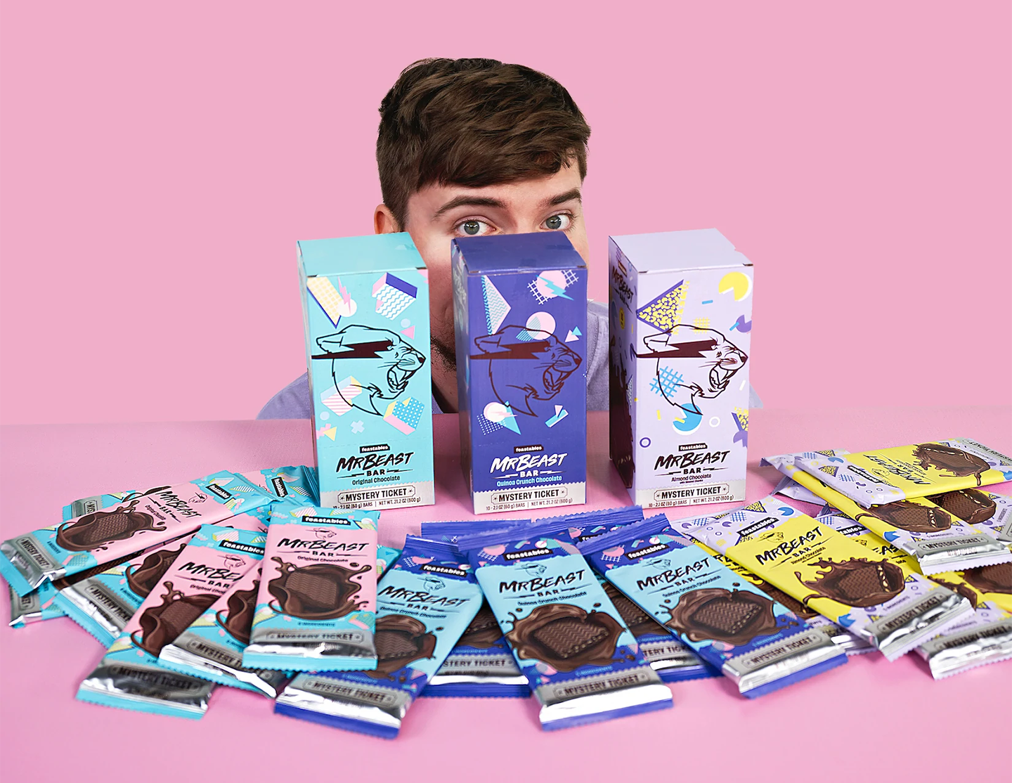 A photo of Jimmy Donaldson, A.K.A. MrBeast, with his Feastables branded chocolates.