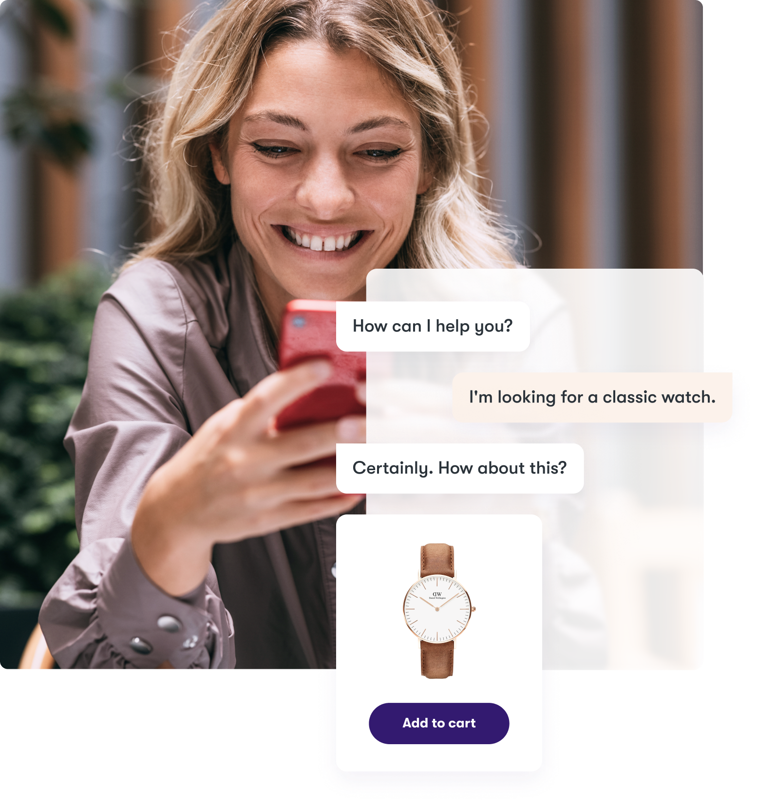 A smiling woman buys a watch with the help of a Certainly AI chatbot.