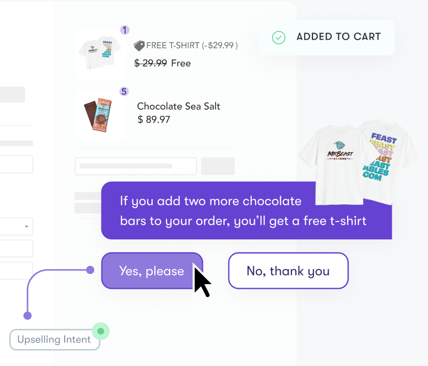 A chat telling a shopper that if they buy another two items, they get a free t-shirt, over a screenshot of an ecommerce shop