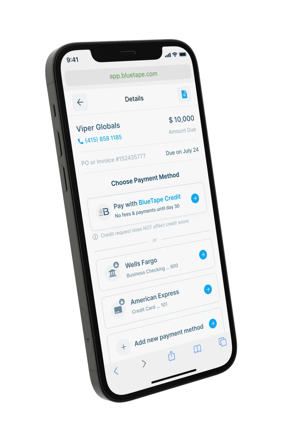 phone showing BlueTape interface
