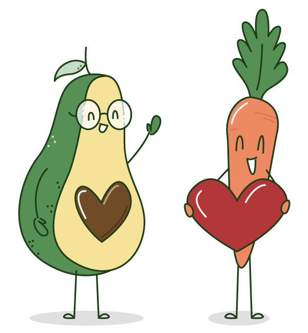Illustration of an anthropomorphic avocado and carrot exchanging heart symbols