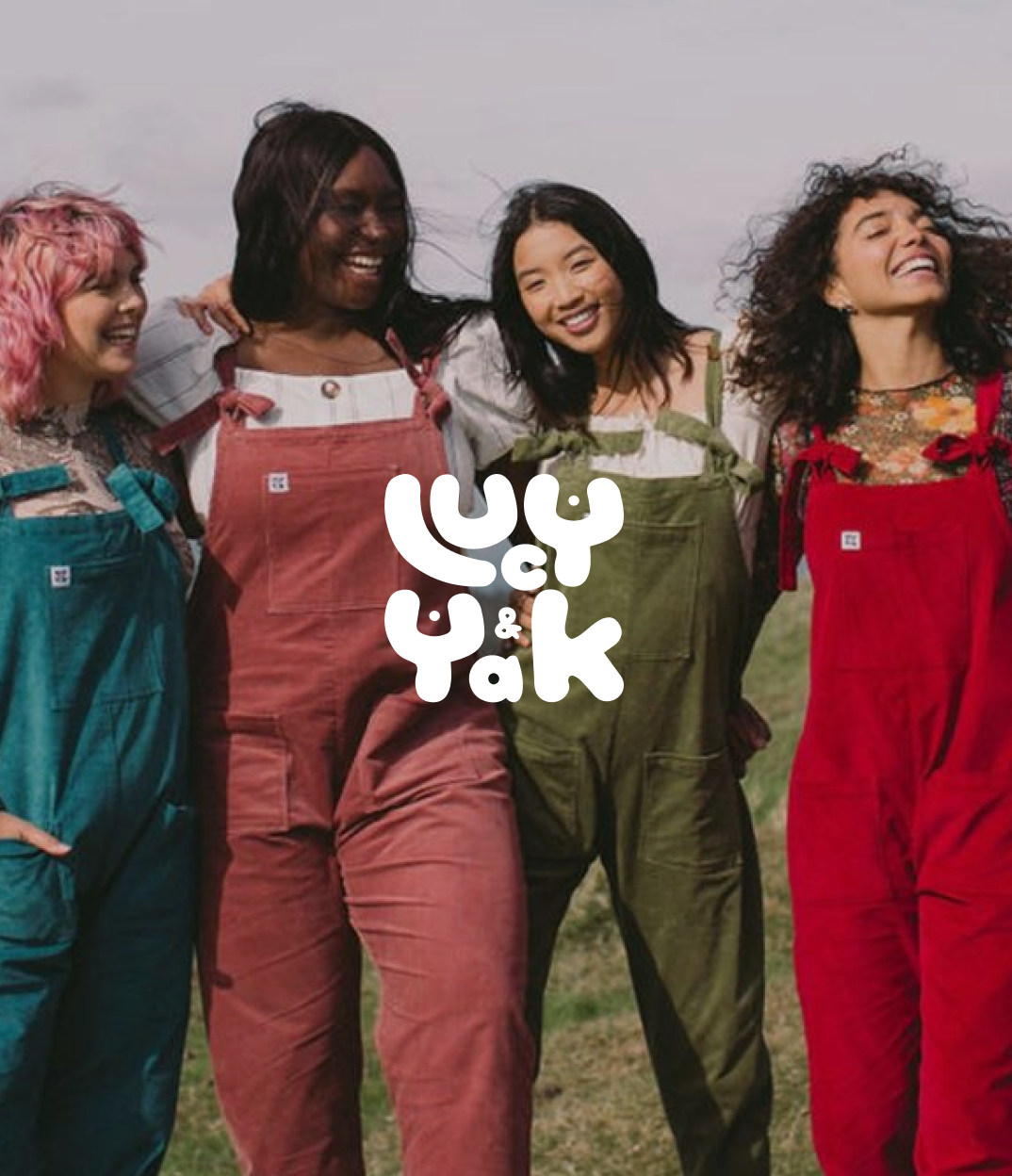 Photo of 4 women wearing Lucy & Yak dungarees with the Lucy & Yak logo over the top.