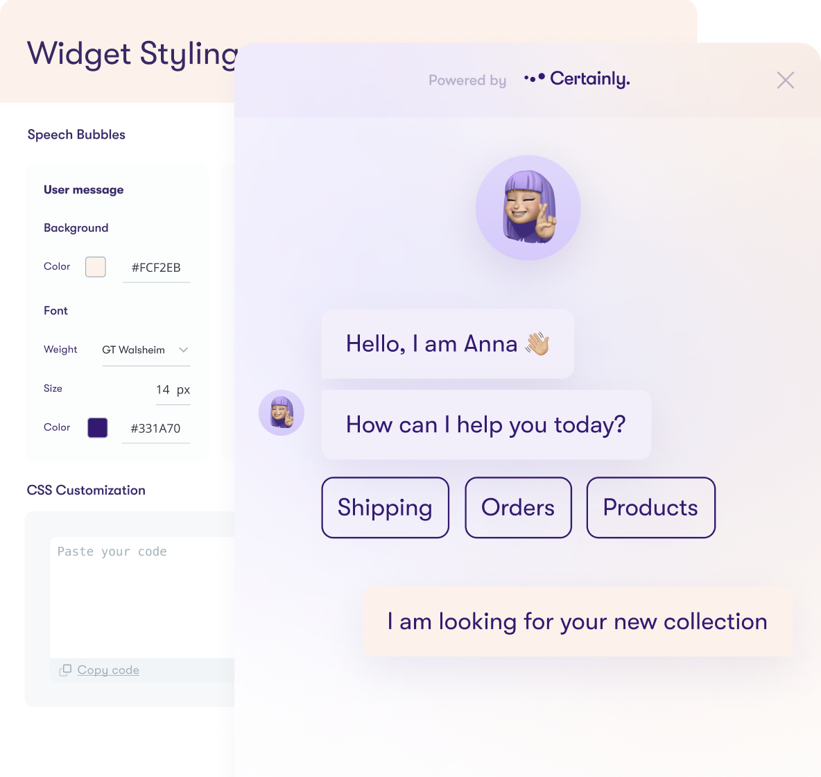 A screenshot of the Certainly widget styling, overlayed by a customized chatbot widget.