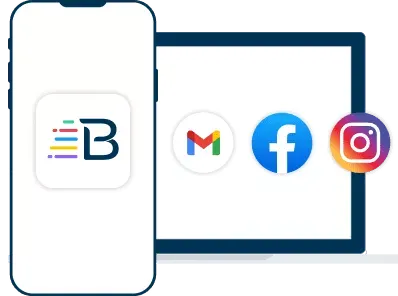 BlueTape logo on phone screen joined by Gmail, Facebook, and Instagram icons