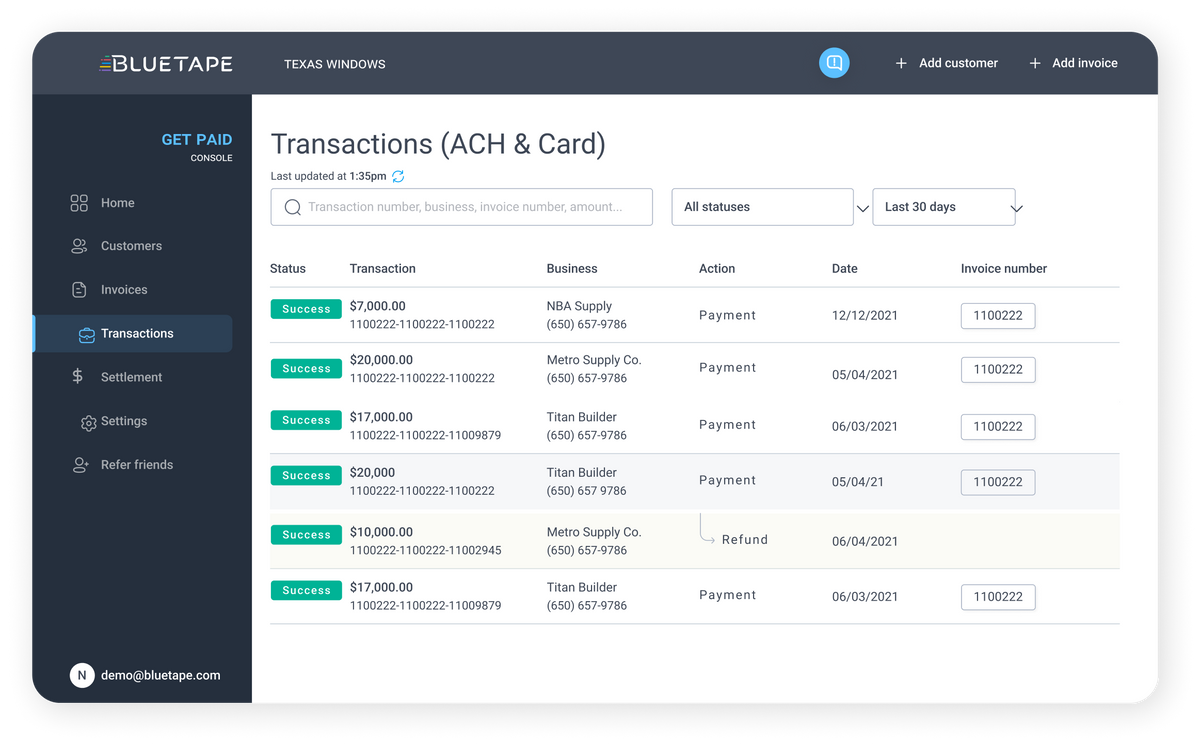 BlueTape transaction dashboard showing payments