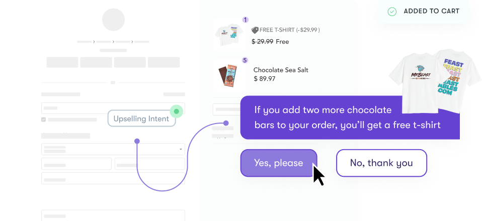 A chat telling a shopper that if they buy another two items, they get a free t-shirt, over a screenshot of an ecommerce shop
