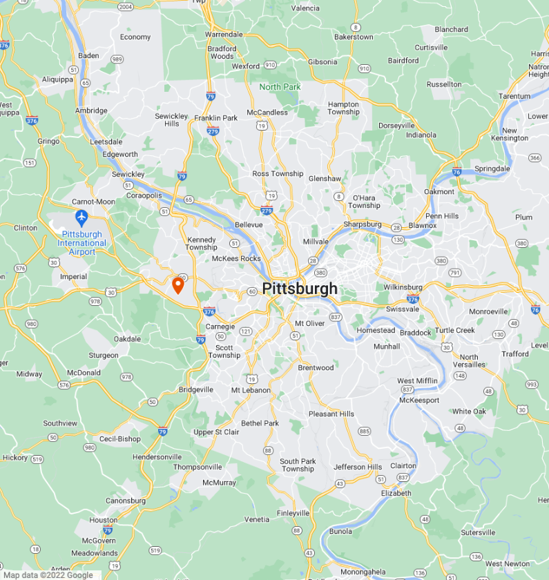 Map of Pittsburgh with indicator for the Palmetto Pittsburgh warehouse location due west of downtown