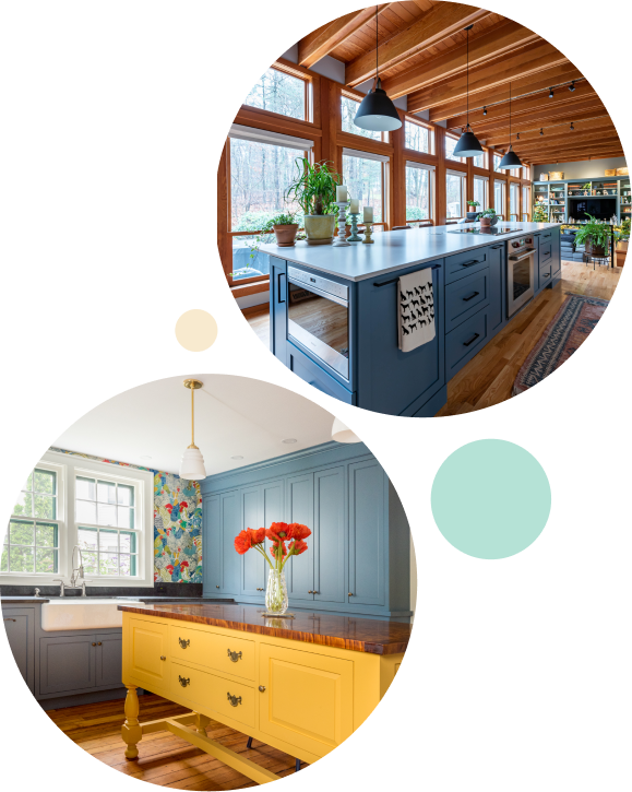 images of kitchens inside of circle shape with two smaller colored circles grouped together.