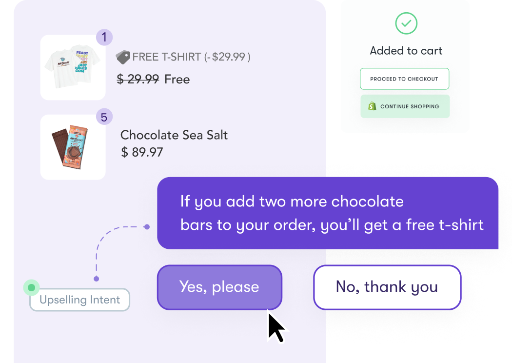 A screenshot of products from MrBeast's Feastables with a conversation superimposed over it. The chat says "If you add two more chocolate bars to your order, you'll get a free t-shirt". There is also the Shopify integration.