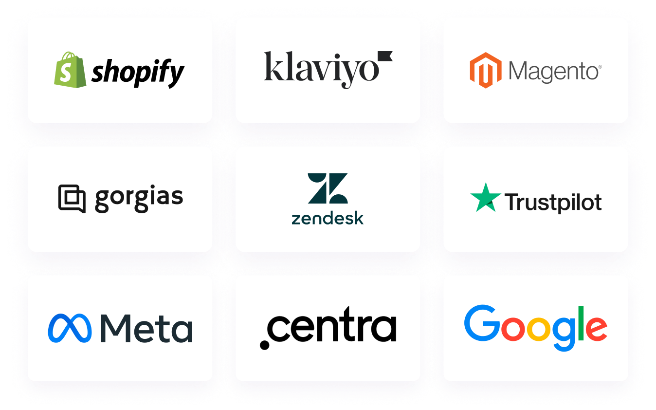 Logos for Certainly's Technology partners: Shopify, Klaviyo, Magento, Gorgias, Zendesk, Trustpilot, Meta, Centra, Google