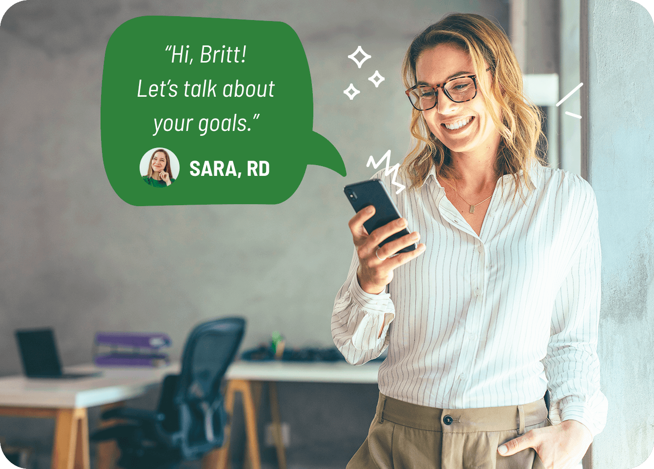 Photo of a happy woman connecting with a dietitian via text message