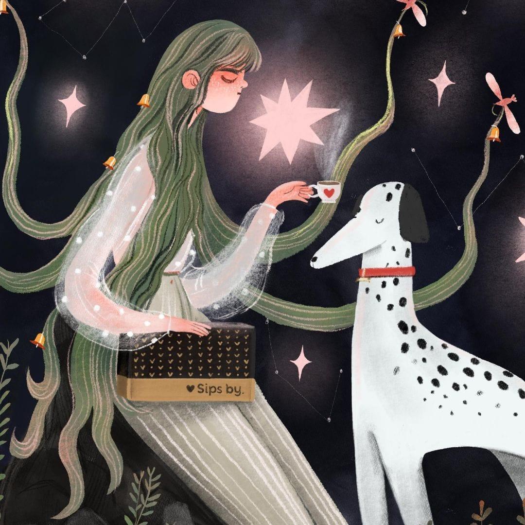 Illustration of a person with long green hair holding a cup of tea and a Sips by Box and a black and white spotted dog surrounded by stars