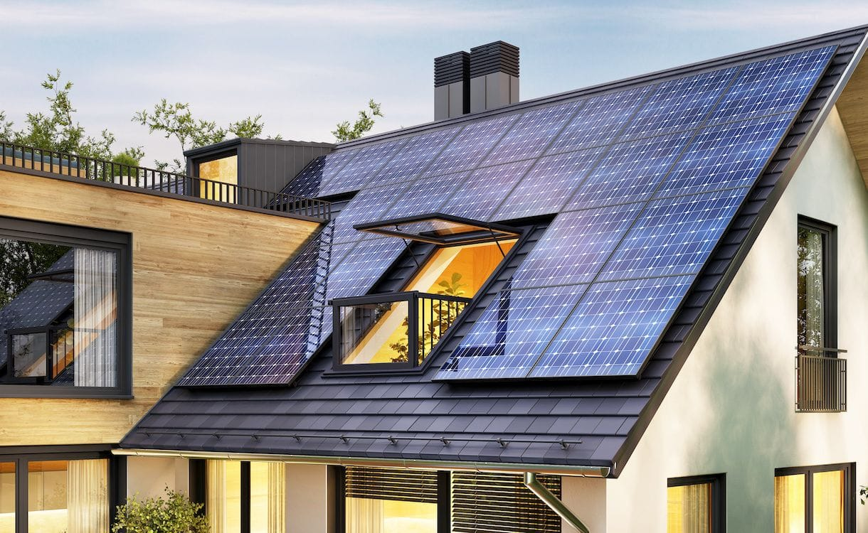 A house with rooftop solar panels