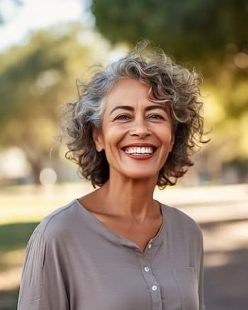 smiling middle aged woman with curly brown and gray hair