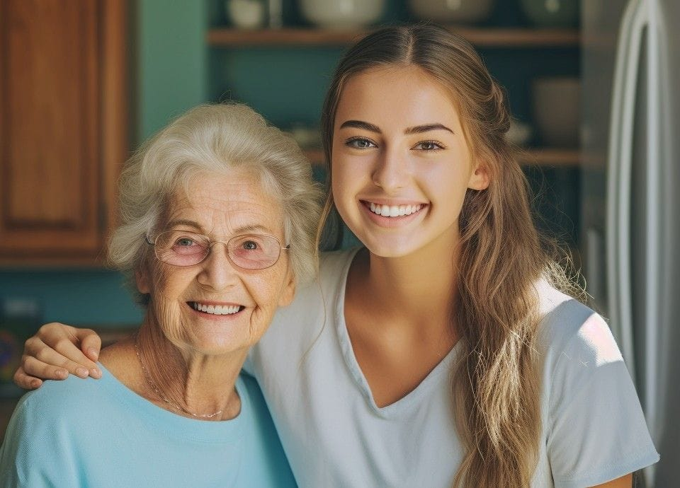 elderly woman and female student caregiver smiling in home setting