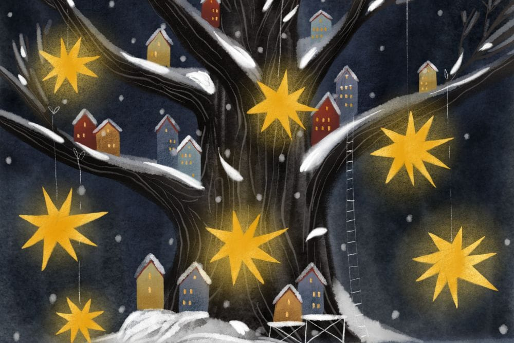 Classic Holiday Character Quiz illustration with stars and houses in snow-frosted tree - Pick your go-to tea and we'll tell you which iconic character you are from classic holiday movies! Read more.