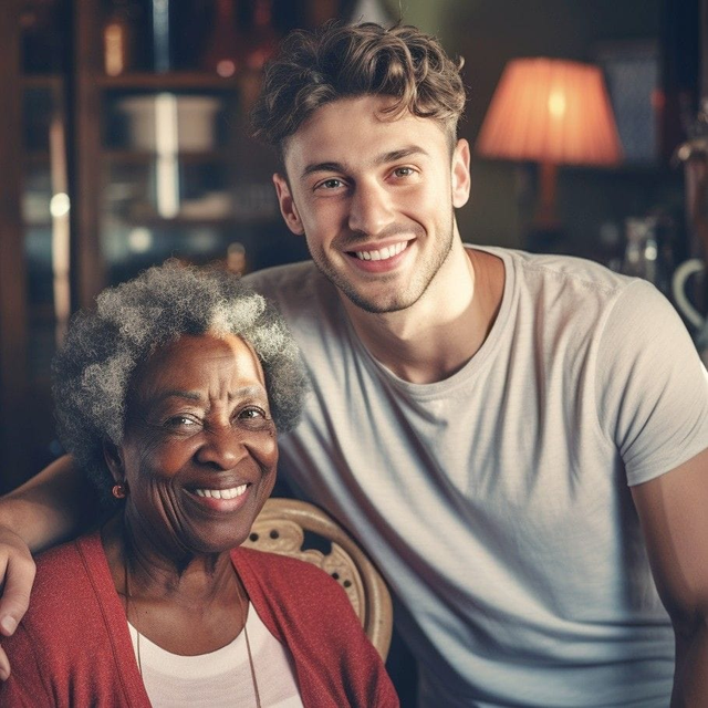 elderly woman and male student caregiver smiling