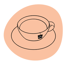 Terracotta orange blob with two tea mugs in cheers for the Top Rated Tea Shop