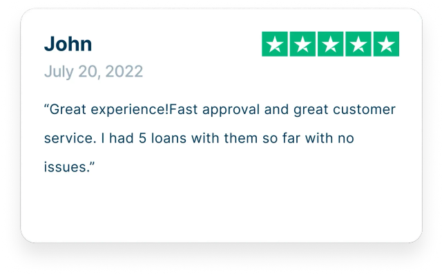 “Great experience!Fast approval and great customer service. I had 5 loans with them so far with no issues.”