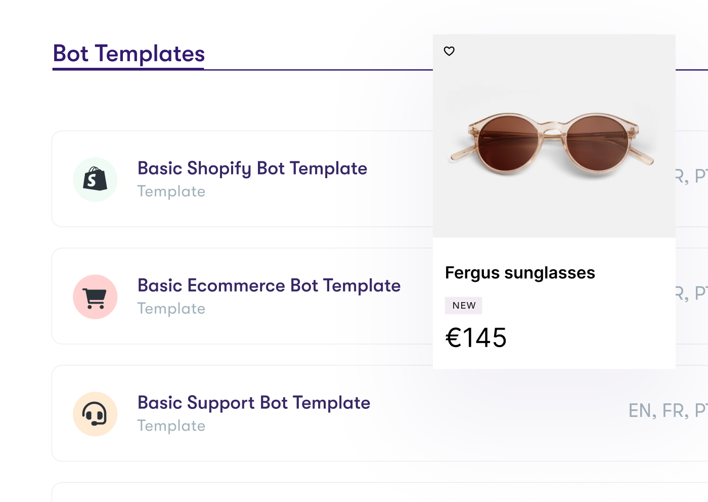 A list of Certainly's chatbot templates for Shopify, Ecommerce, and Support. A product card for a pair of sunglasses is overlaid.