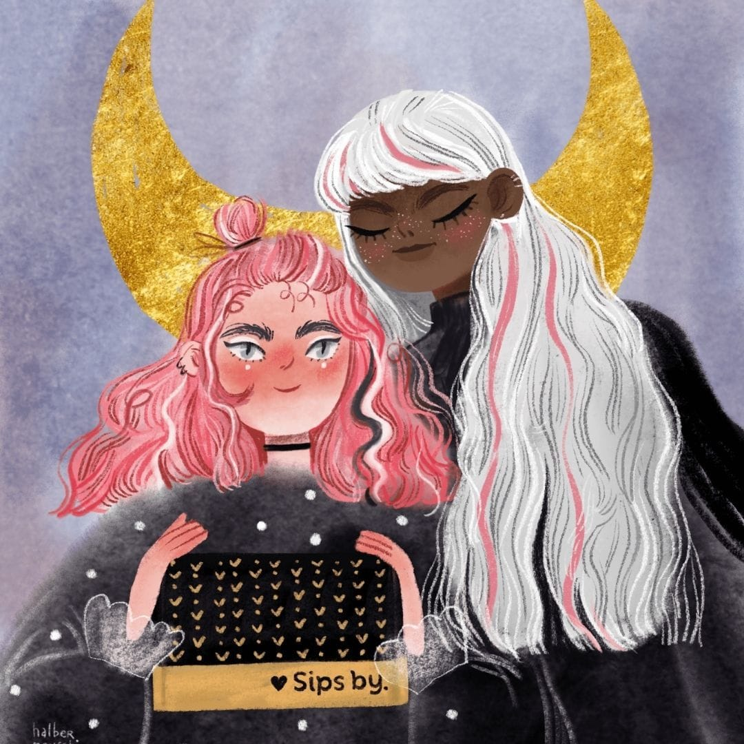 Purple background with gold crescent moon in the background and two friends with pink and white hair holding a Sips by Box