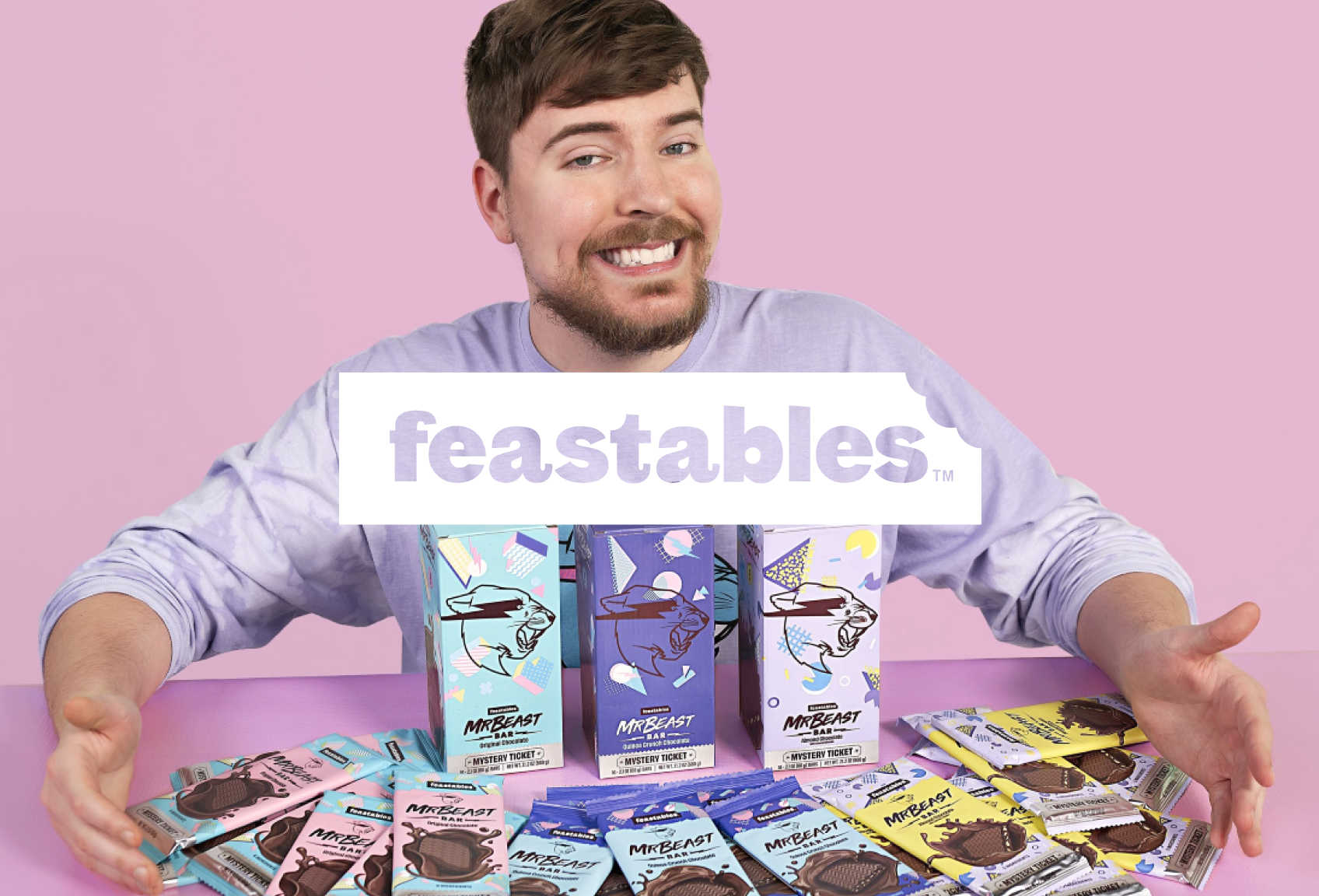 Marketing image from MrBeast's Feastables with MrBeast and a lot of chocolate bars. The logo for Feastables is over the top.