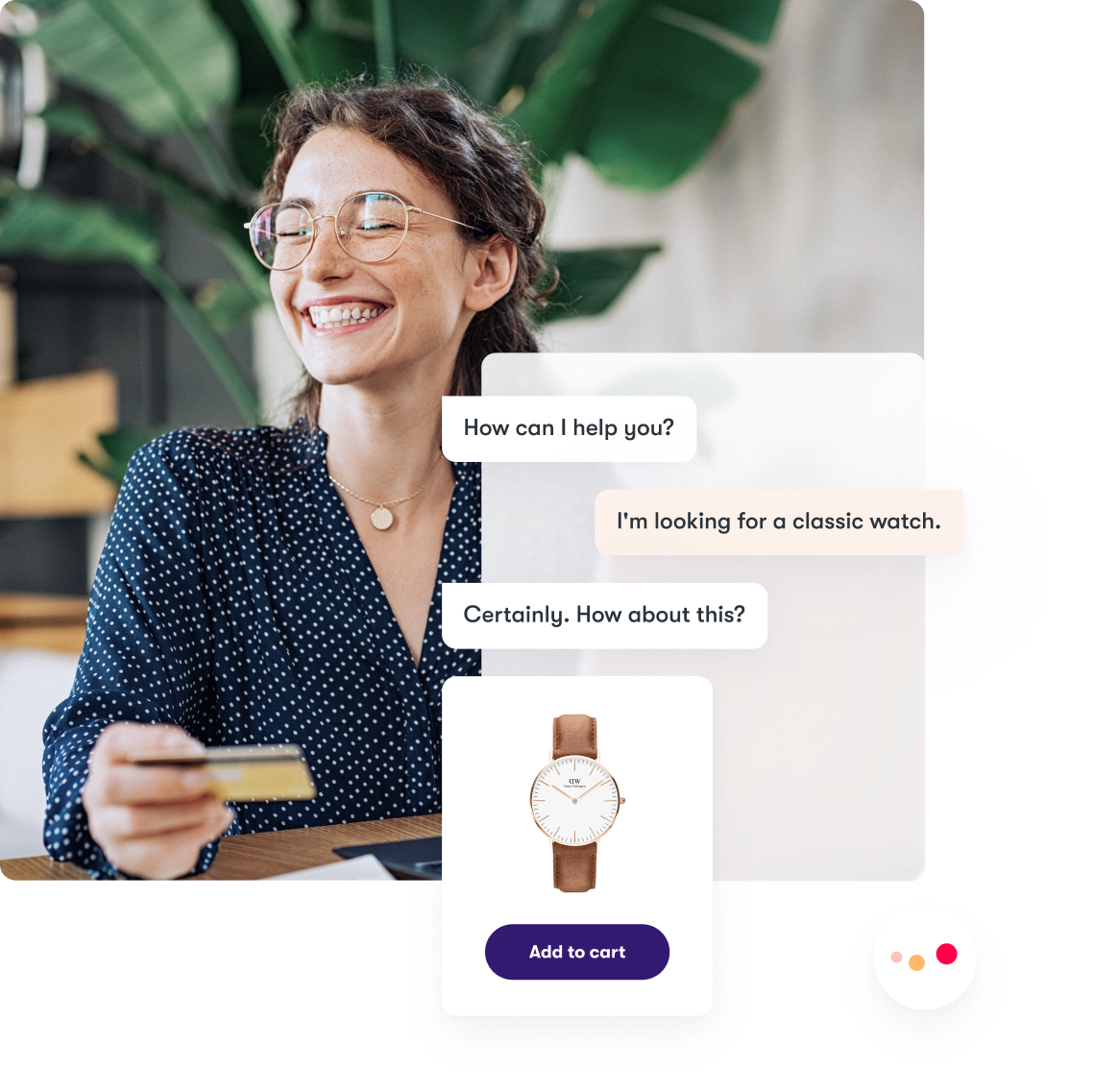 A smiling woman buys a watch with the help of a Certainly AI chatbot.