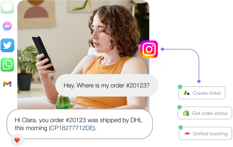 A woman on her phone. Over the top is a Instagram DM conversation asking where an item is, the icons for supported channels, and the integrations that are accessed to find the item.