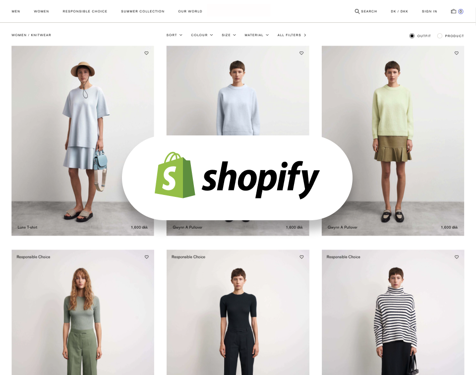 The Shopify logo over a screenshot of an ecommerce site