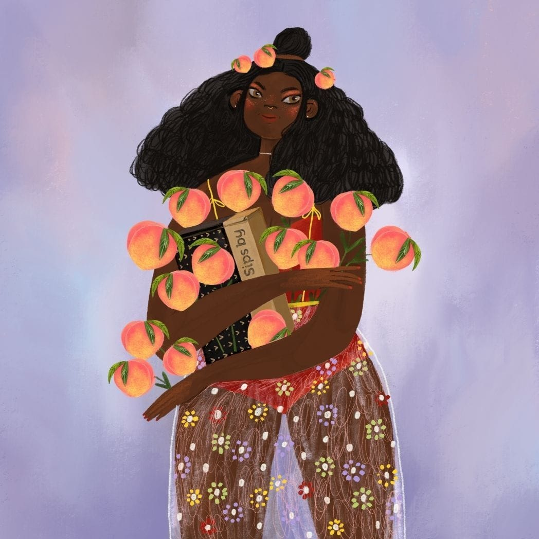 Illustration of a woman holding a Sips by box and a dozen peaches