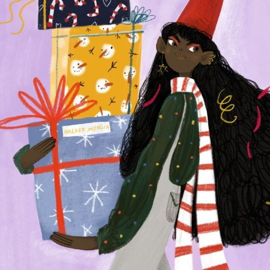 Purple illustration of person holding a stack of holiday presents