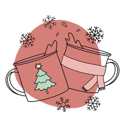 Red blob with holiday mugs outlined with a christmas tree and a scarf with snowflakes