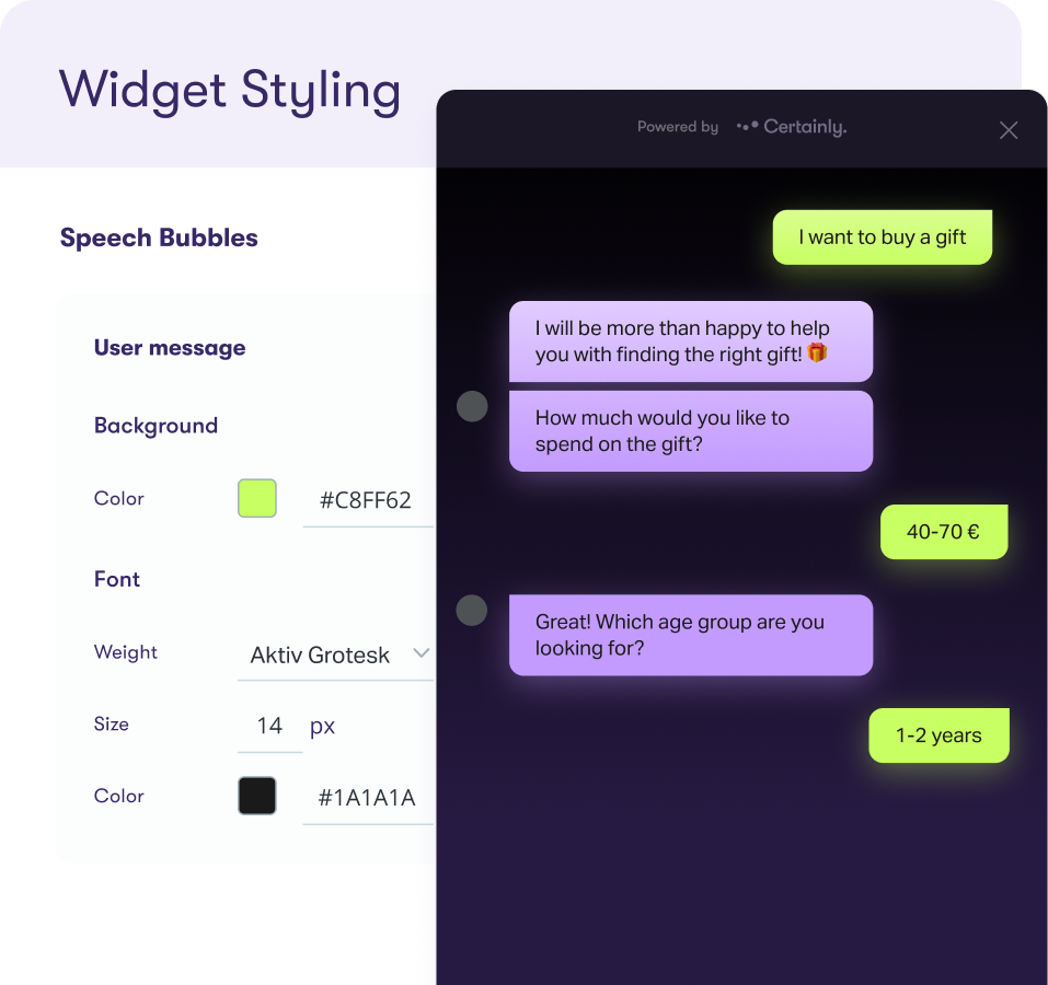 The UI for widget styling in the Certainly Platform and a very stylized widget in purple and green
