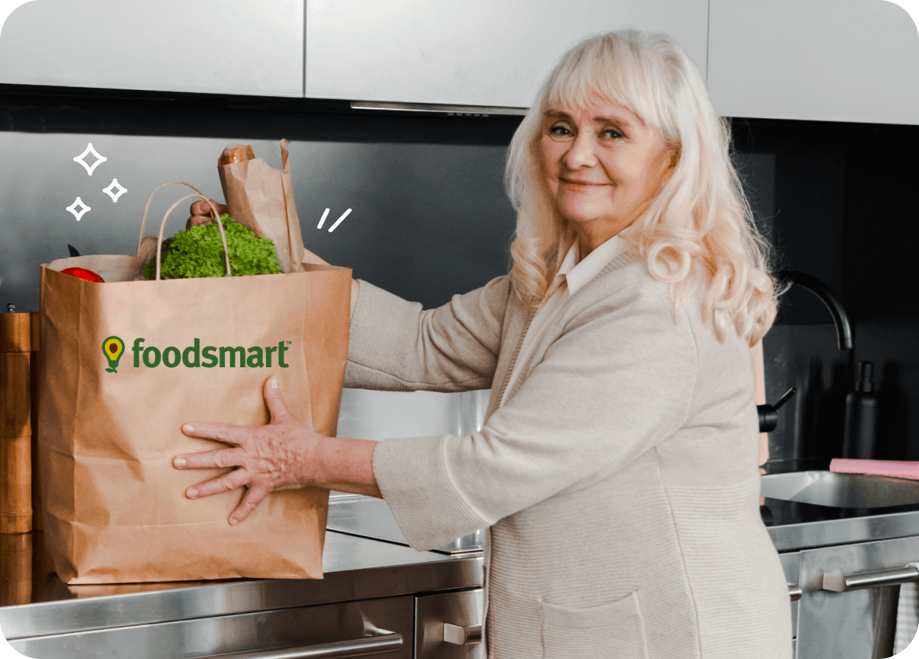 Photo of an older lady happily setting a bag of Foodsmart groceries on her counter