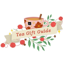 holiday mugs outlined with garland and a ribbon that says Tea Gift Guide