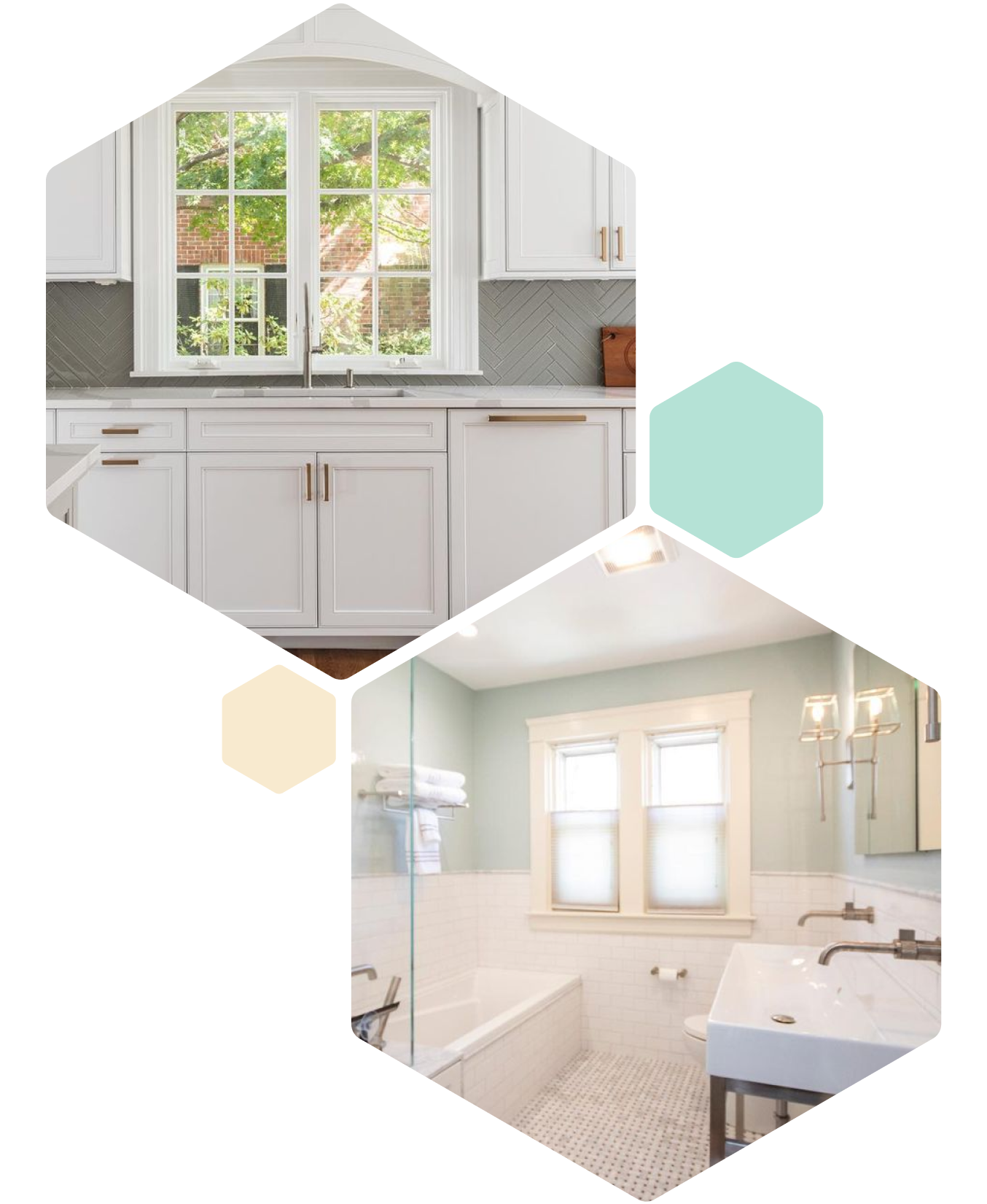 graphic hexagon shapes and images of a kitchen and bathroom