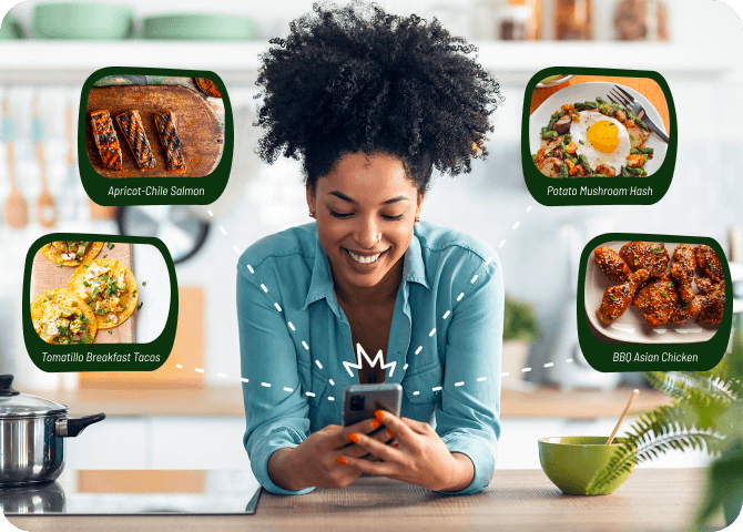 Photo of an excited-looking young woman exploring recipes via her smartphone