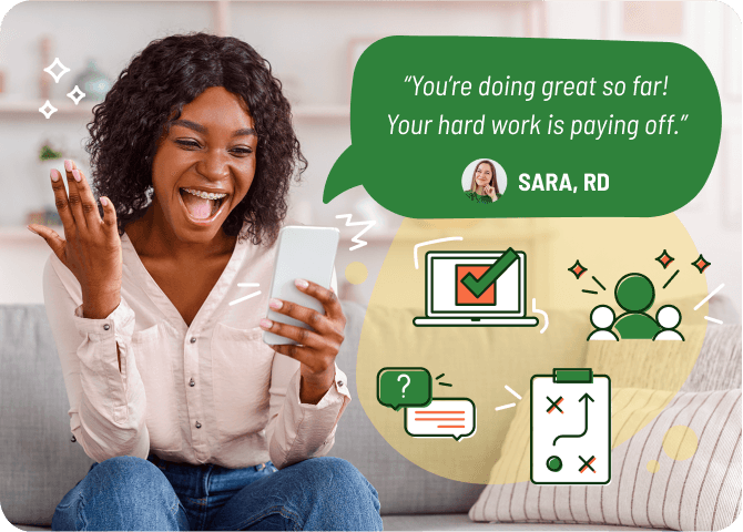 Photo of a happy woman receiving encouragement from a dietitian over a video call