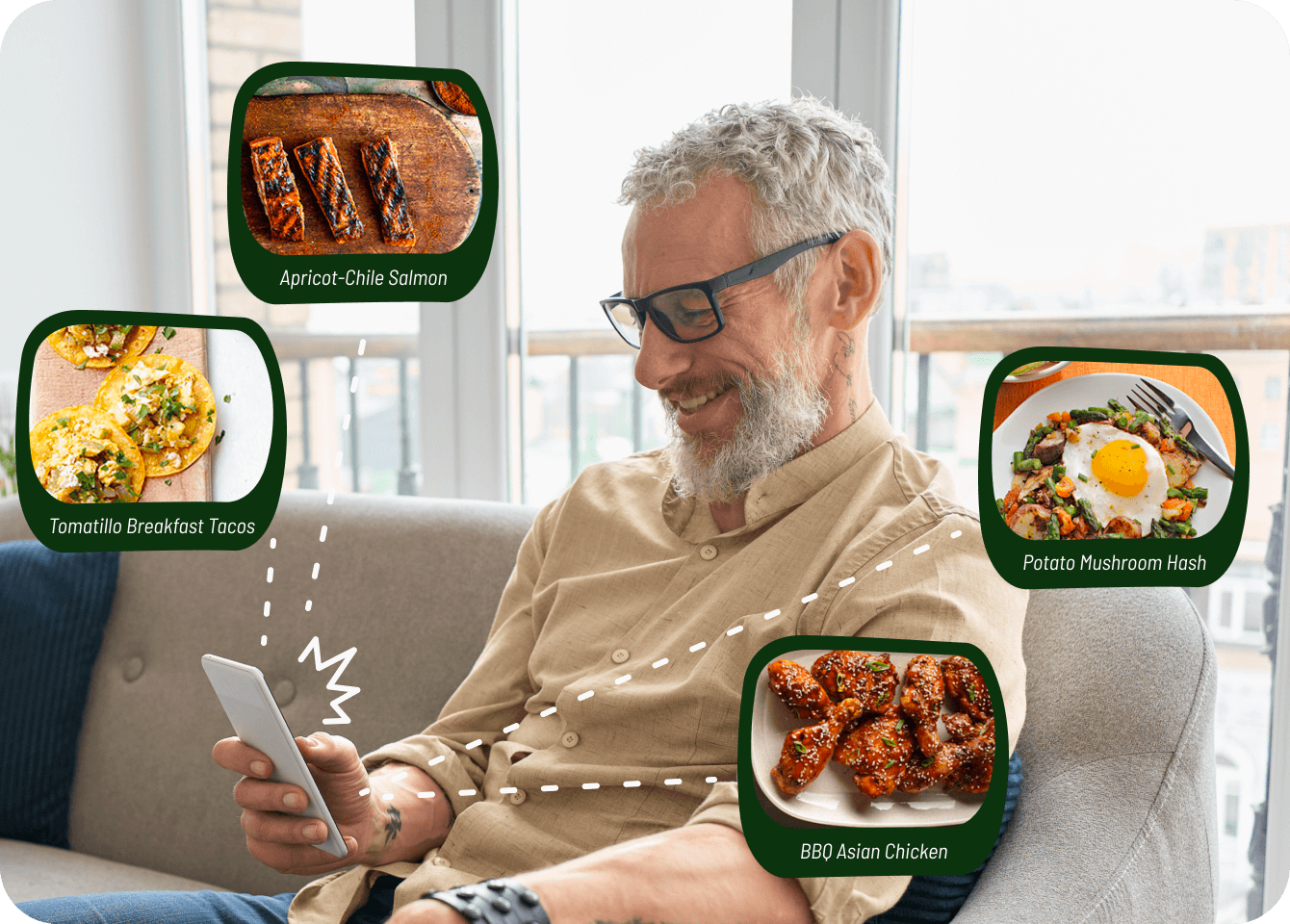 Photo of an older man browsing hearty and nutritious meal option recipes on his smartphone