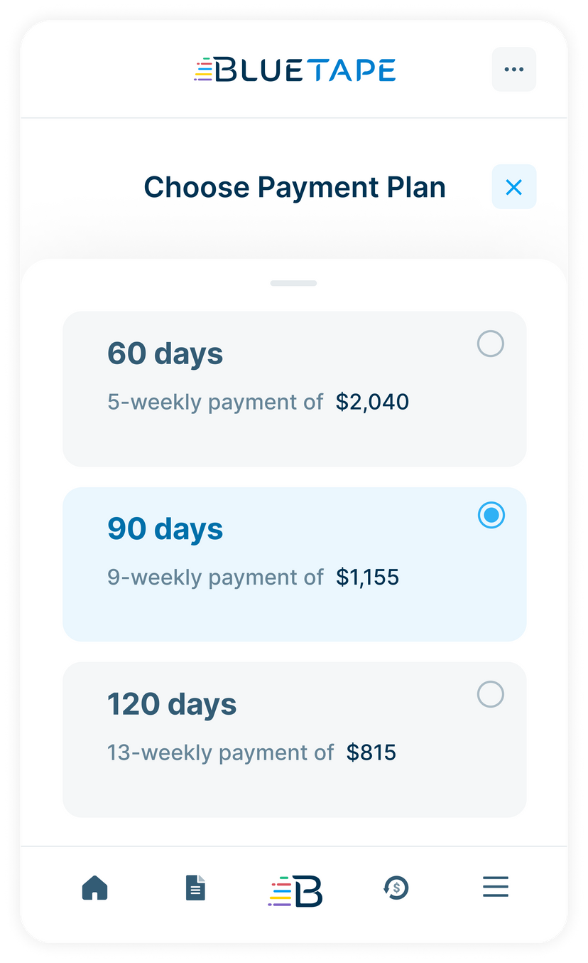 BlueTape financing product screen showing 60, 90 and 120 days credit