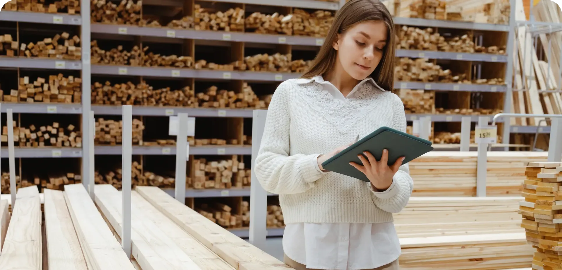 Woman working with ERP software at a lumberyard
