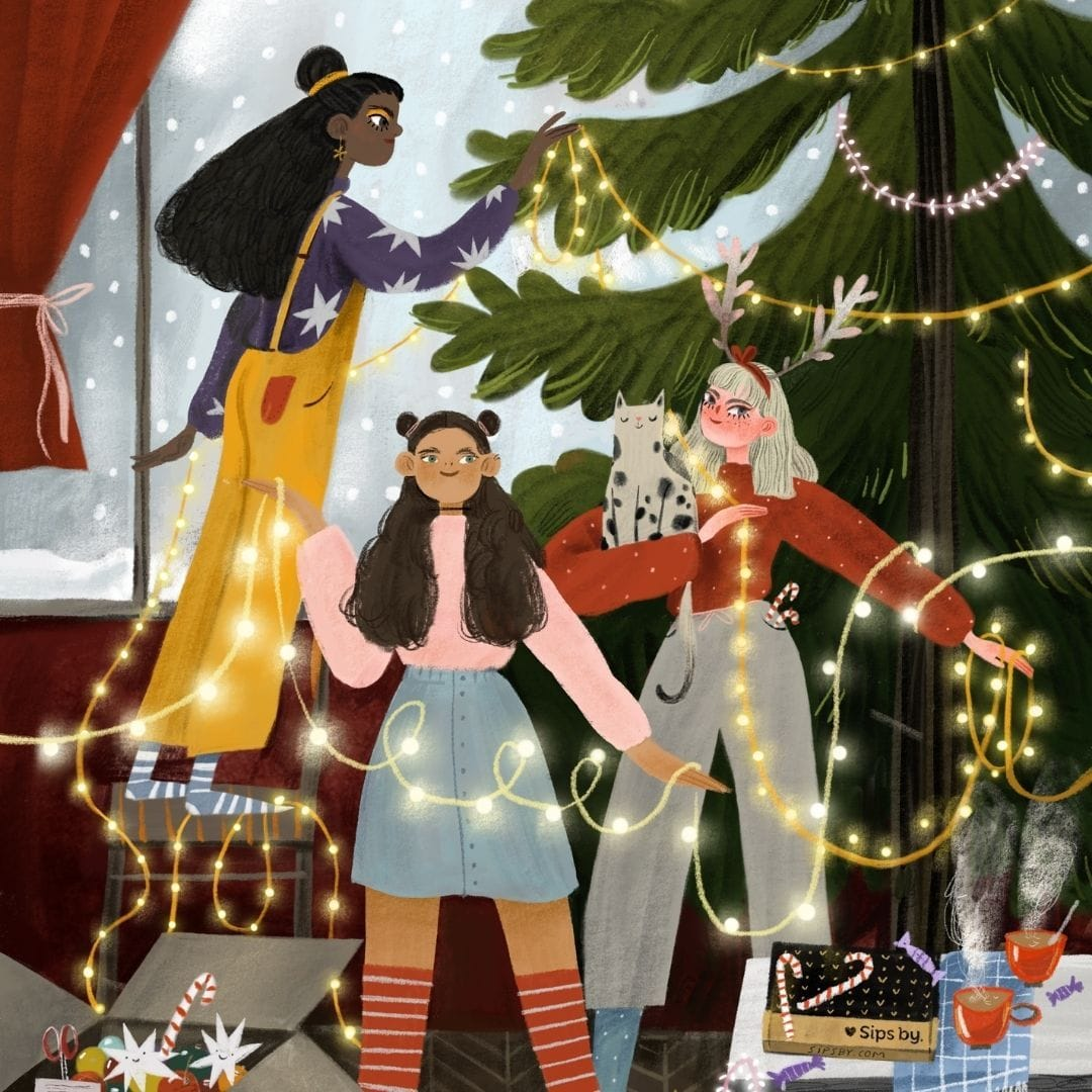 Illustration of three friends decorating a Christmas tree with lights and drinking tea