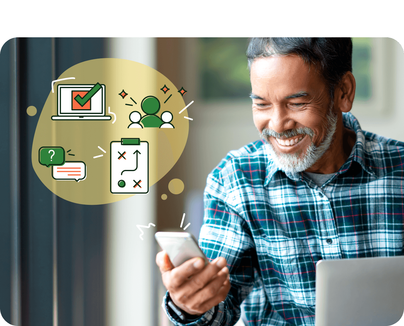 Photo of a happy older man meeting his goals using Foodsmart on his digital devices