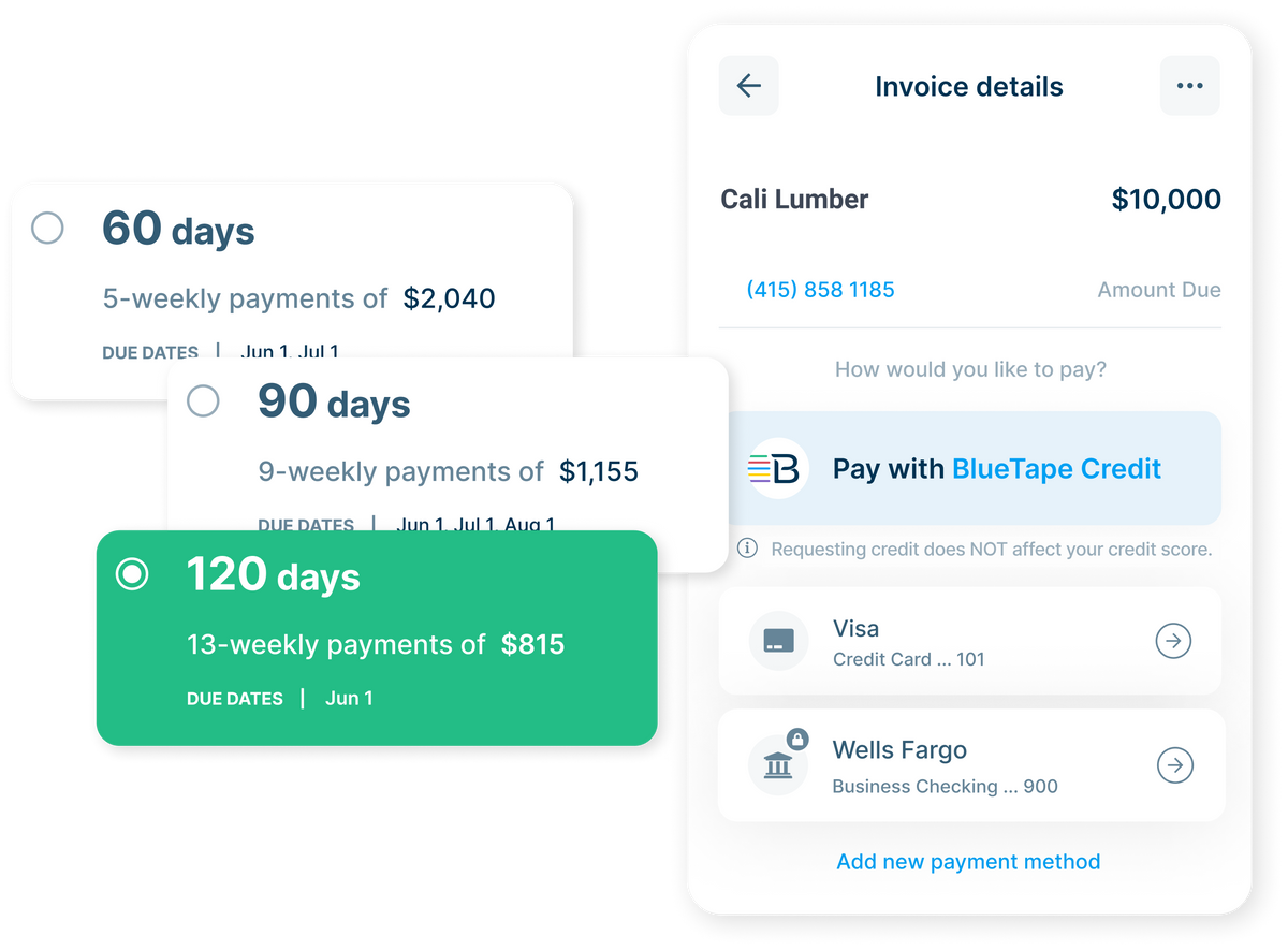 BlueTape interface showing 60, 90, or 30 day payment options for invoice