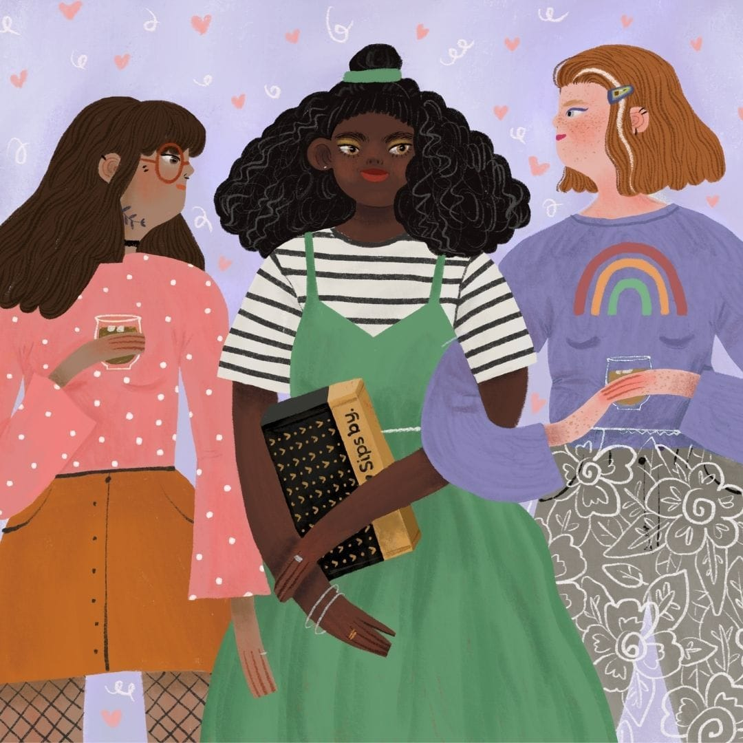Illustration of three friends drinking tea