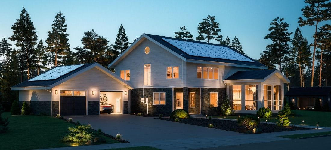 Solar-powered home at dusk, powered by a solar battery, saving money for the family.